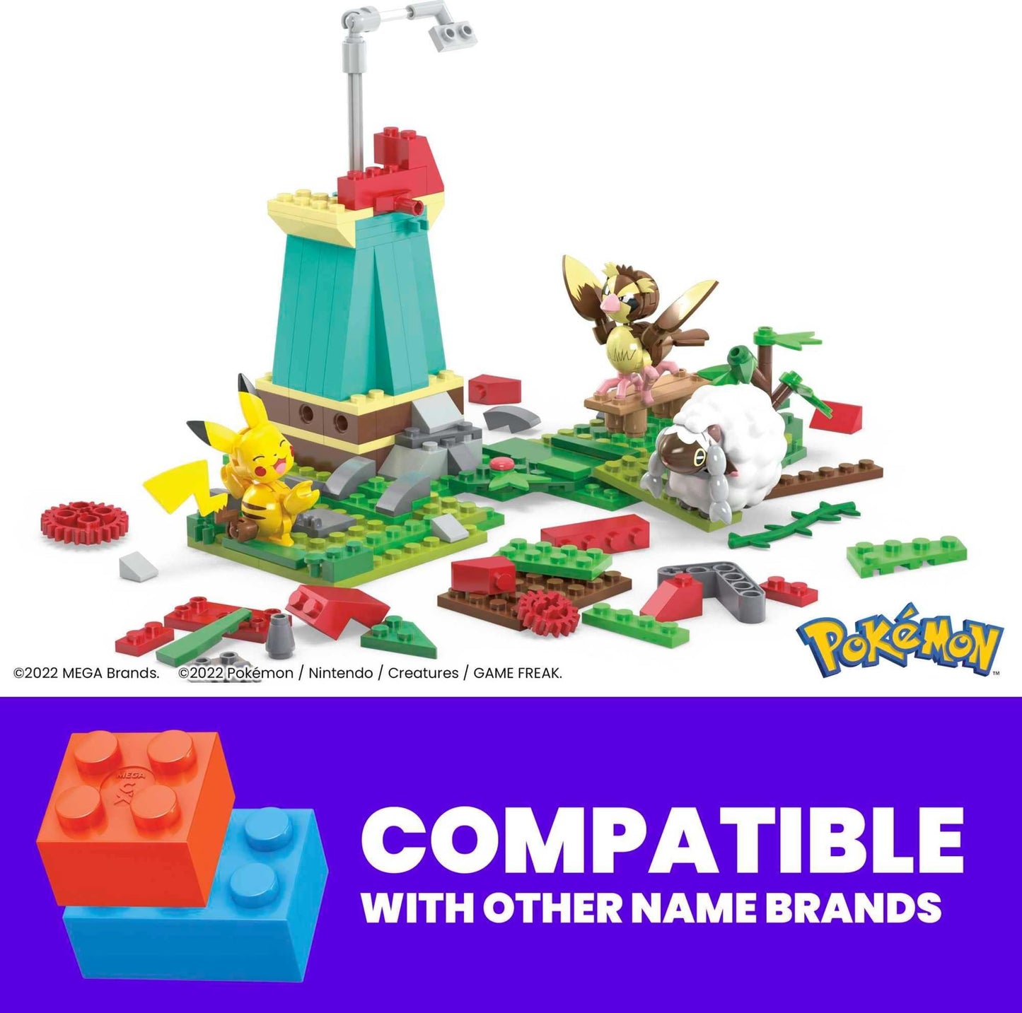 MEGA Pokemon Action Figure Building Toy Set, Countryside Windmill with 240 Pieces, Motion and 3 Poseable Characters, Gift Idea for Kids