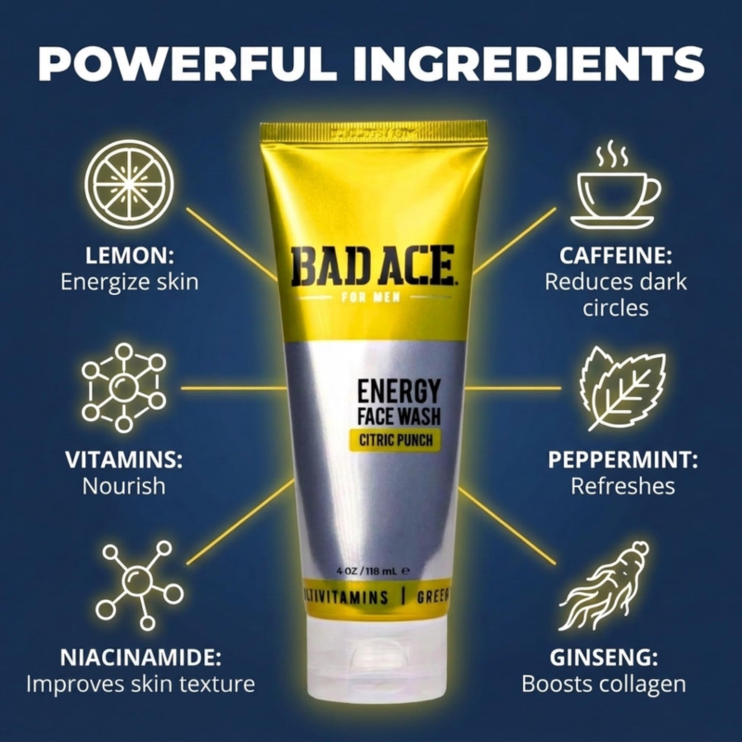 BAD ACE Energy Daily Face Wash | Korean Skin Care Formula Mens Face Wash for Dry Skin, Sensitive, Acne-Prone | Facial Cleanser for Men with Vitamins