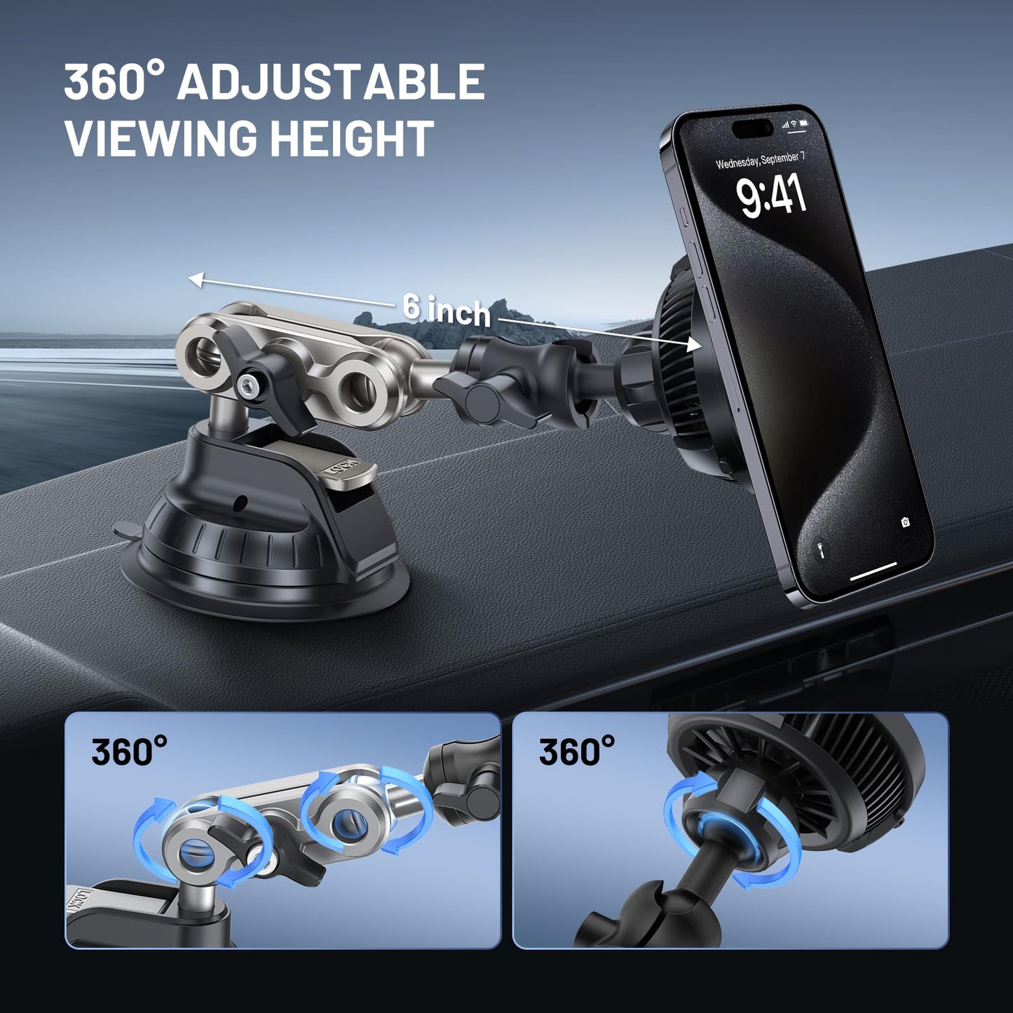 This Hill 15W Magnetic Wireless Car Charger Mount, Compatible with MagSafe, Phone Holder with 360° Suction Cup & Aluminum Alloy Telescopic Arm…