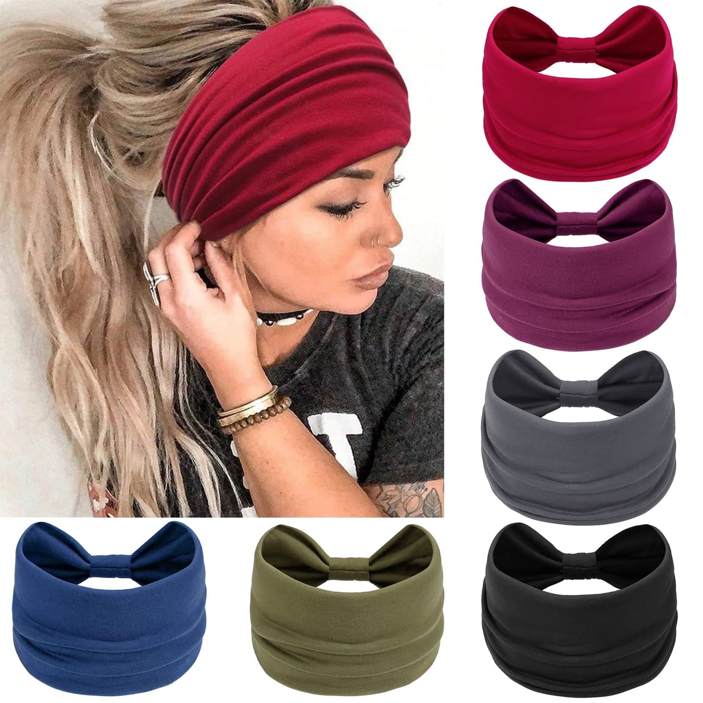 Awumbuk Wide Headbands for Women Knotted No Slip Head Bands Soft Turban Headband Hair Accessories Boho African Solid Color Head Wraps for Women Yoga Beauty and Personal Care Awumbuk Default Title