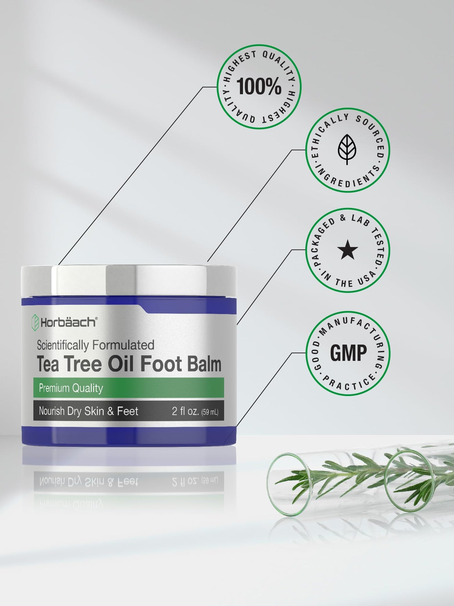 Horbäach Tea Tree Oil Foot Balm | 2 oz | Moisturizes and Nourishes Dry Skin & Feet | Scientifically Formulated