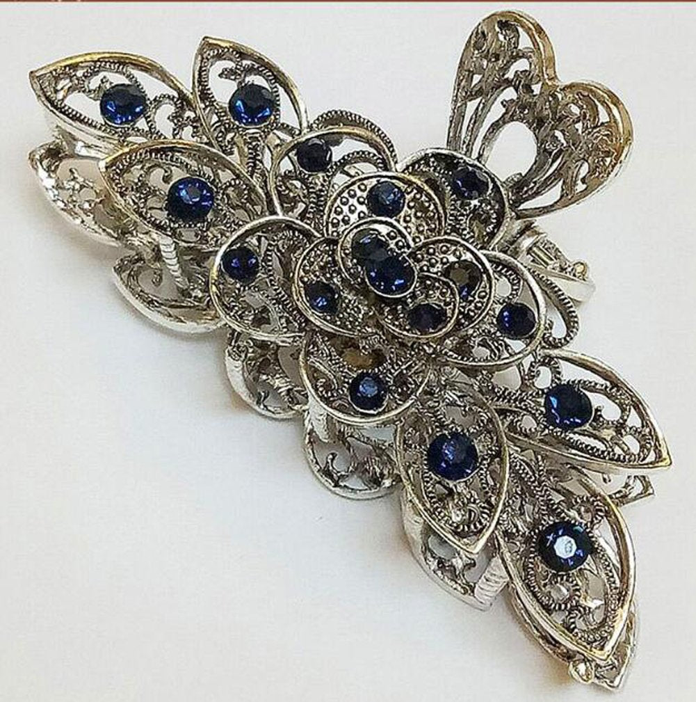 Women Fashion Retro Metal Alloy Rhinestone Large Size Fancy Hair Claw Jaw Clips Pins for Thick Hair (Ink-Blue Colour 1)