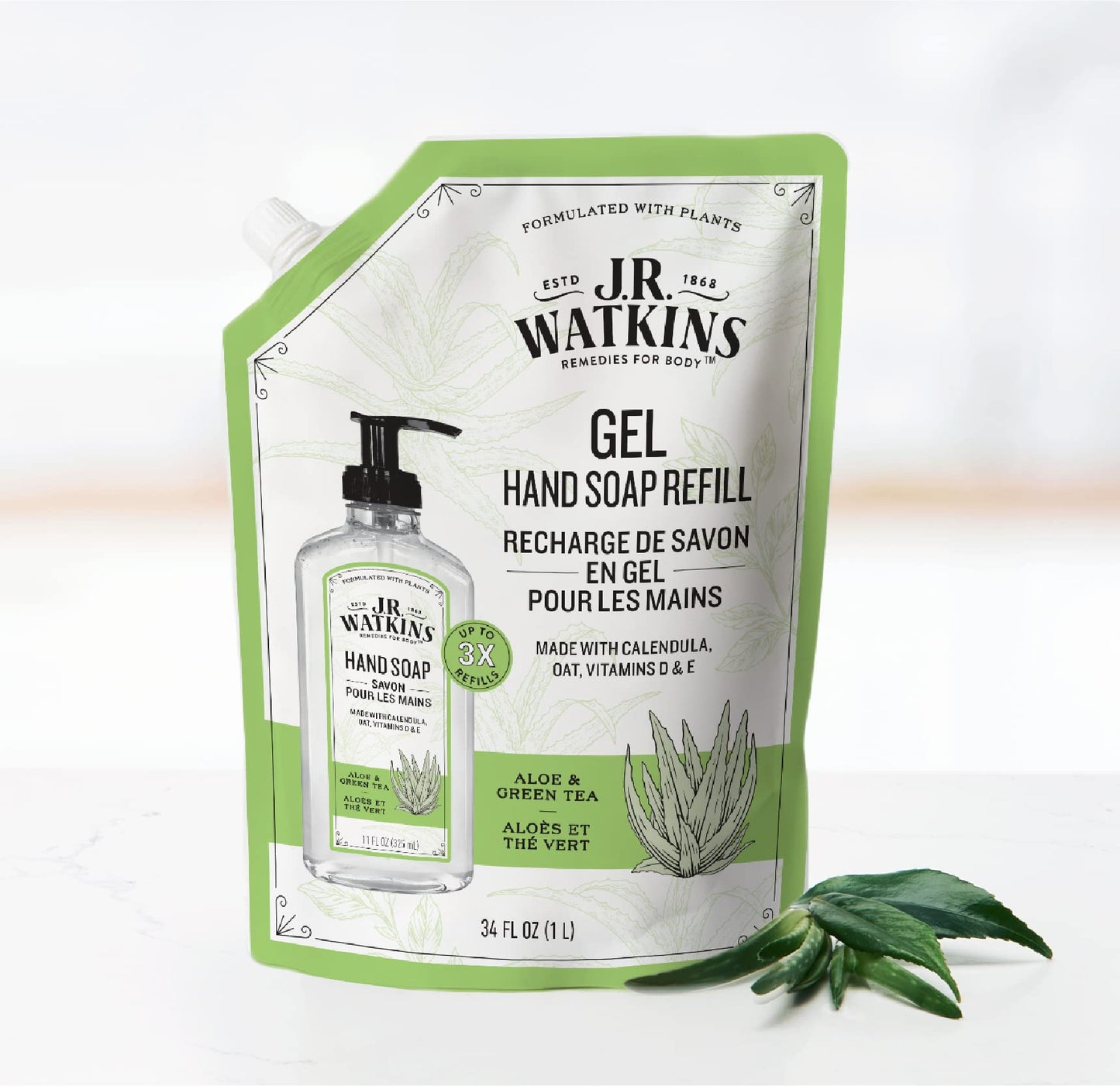 J.R. Watkins Gel Hand Soap Refill Pouch, Scented Liquid Hand Wash for Bathroom or Kitchen, USA Made and Cruelty Free, 34 fl oz, Aloe & Green Tea, 2