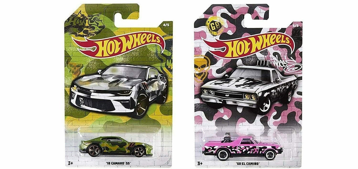 Hot Wheels Mattel 2019 Urban Camo Series Complete Bundle of 5 Die‑Cast Vehicles, Camouflage Graphics, 1:64 Scale, Ages 3+