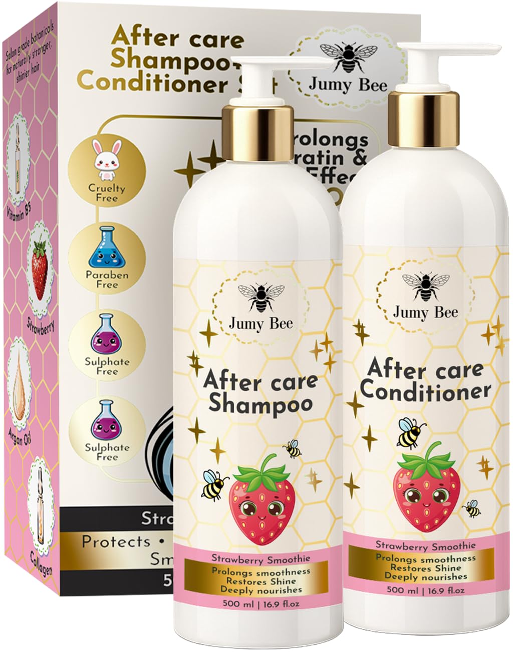 Jumybee After Care Anti-Frizz Shampoo and Conditioner Set - Strawberry Smoothie - Prolongs Keratin & Hair BTX Results - Collagen, Argan Oil, Vitamin