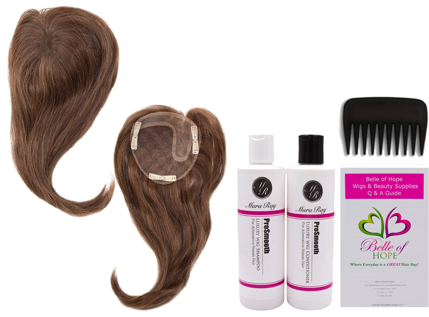 ADD-ON LEFT Human Hair/HF Synthetic Blend Topper by Envy, 5PC Bundle: Topper, 4oz Mara Ray Luxury Shampoo & Conditioner, Wide Tooth Comb, and 19 Page