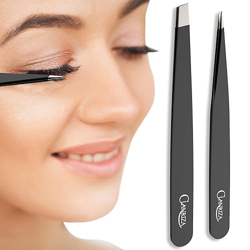 Tweezers for Eyebrows Eyelash Extension Clanriza Stainless Steel Tip Slant,Set for Ingrown Hair - Premium Quality Eyebrow and Facial Hair Removal