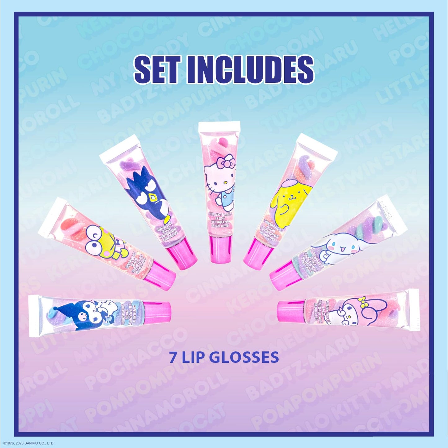 Townley Girl Hello Kitty and Friends 7 Piece Swirl Lip Gloss, Girls Kids Party Favors, Lip Set for Girls, Perfect for Birthday Gifts, Plant Based,