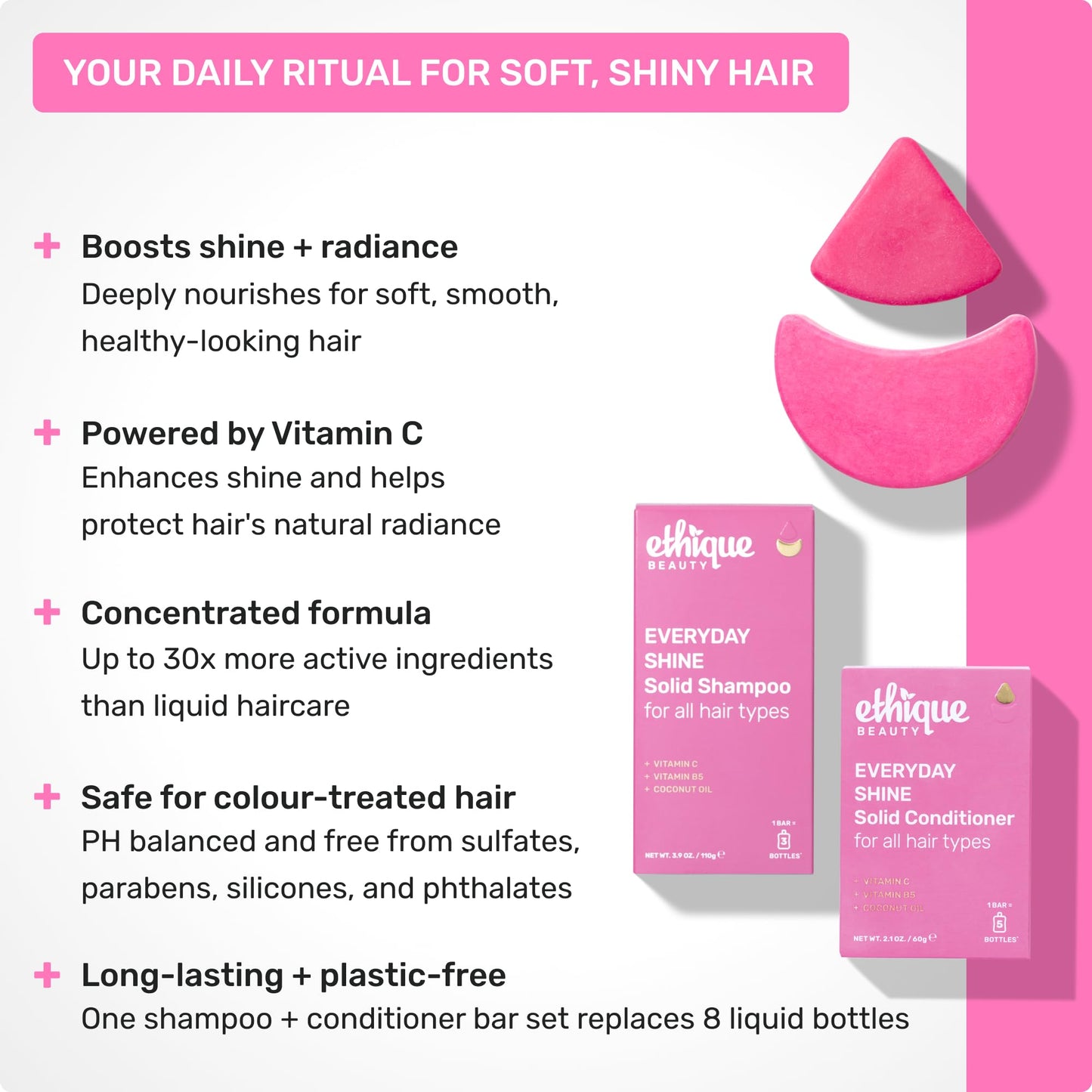 Ethique Beauty Everyday Shampoo & Conditioner Bar Set for Shiny Hair with Vitamin C - Plastic-Free, Vegan, Cruelty-Free - 2 Pack