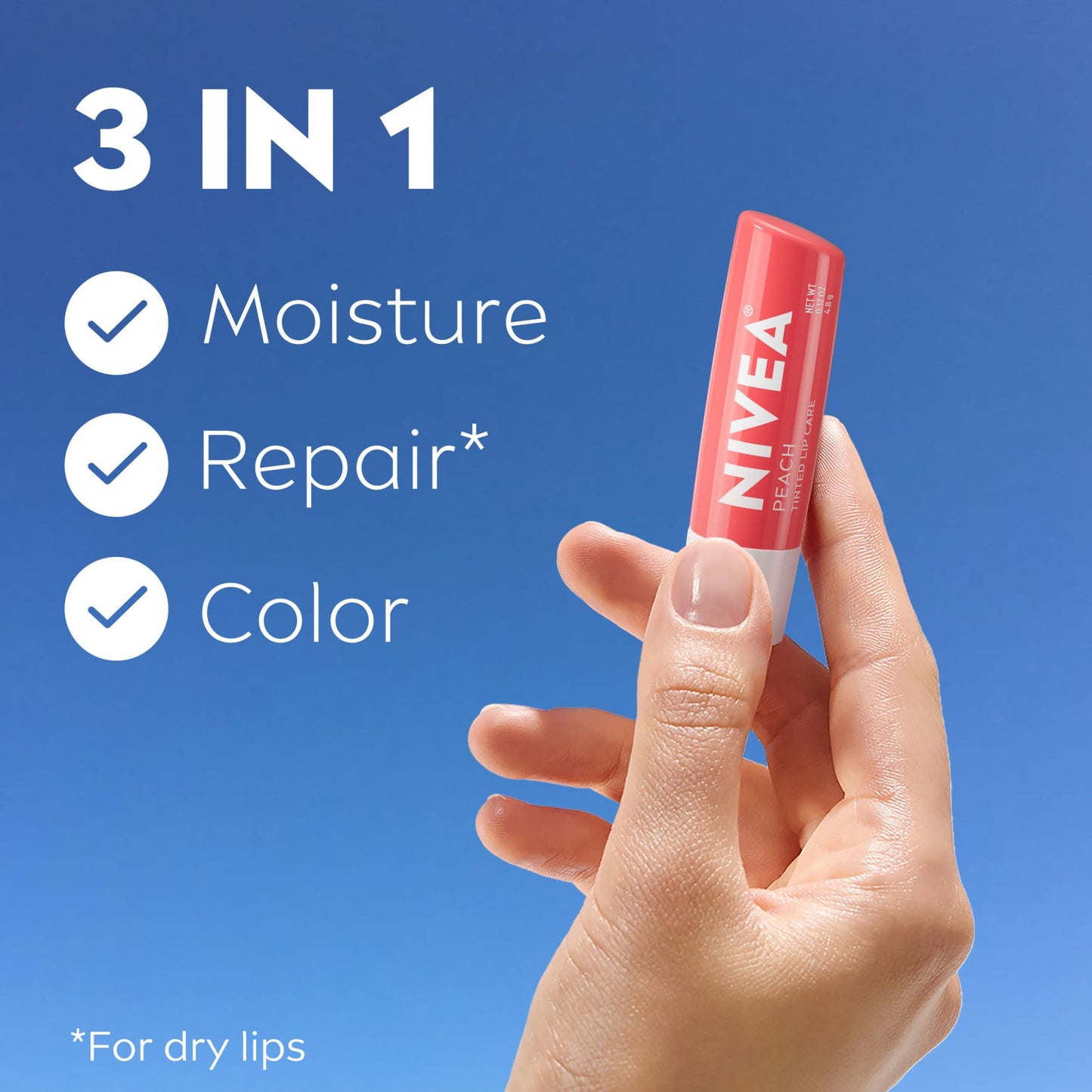 NIVEA Peach Lip Care, Tinted Lip Balm Pack with Shea Butter, Nourishing Oils and Vitamin C & E, 3-in-1 Moisture, Repair and Color, 0.17 Oz Stick, Pack