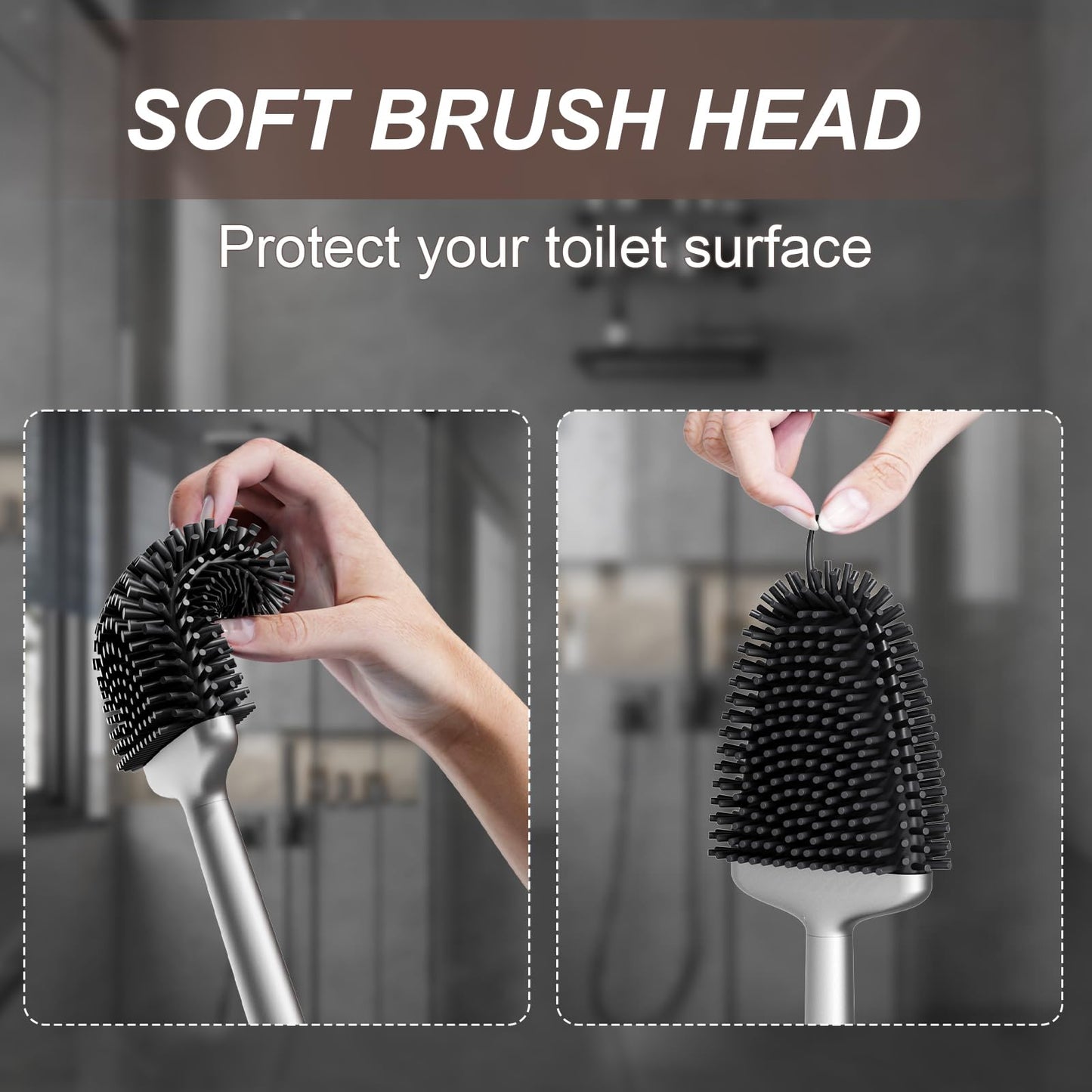 Sellemer Toilet Brush and Holder Set – Flexible Silicone Bristles, Compact Design with Ventilated Base – 1 Pack, Silver