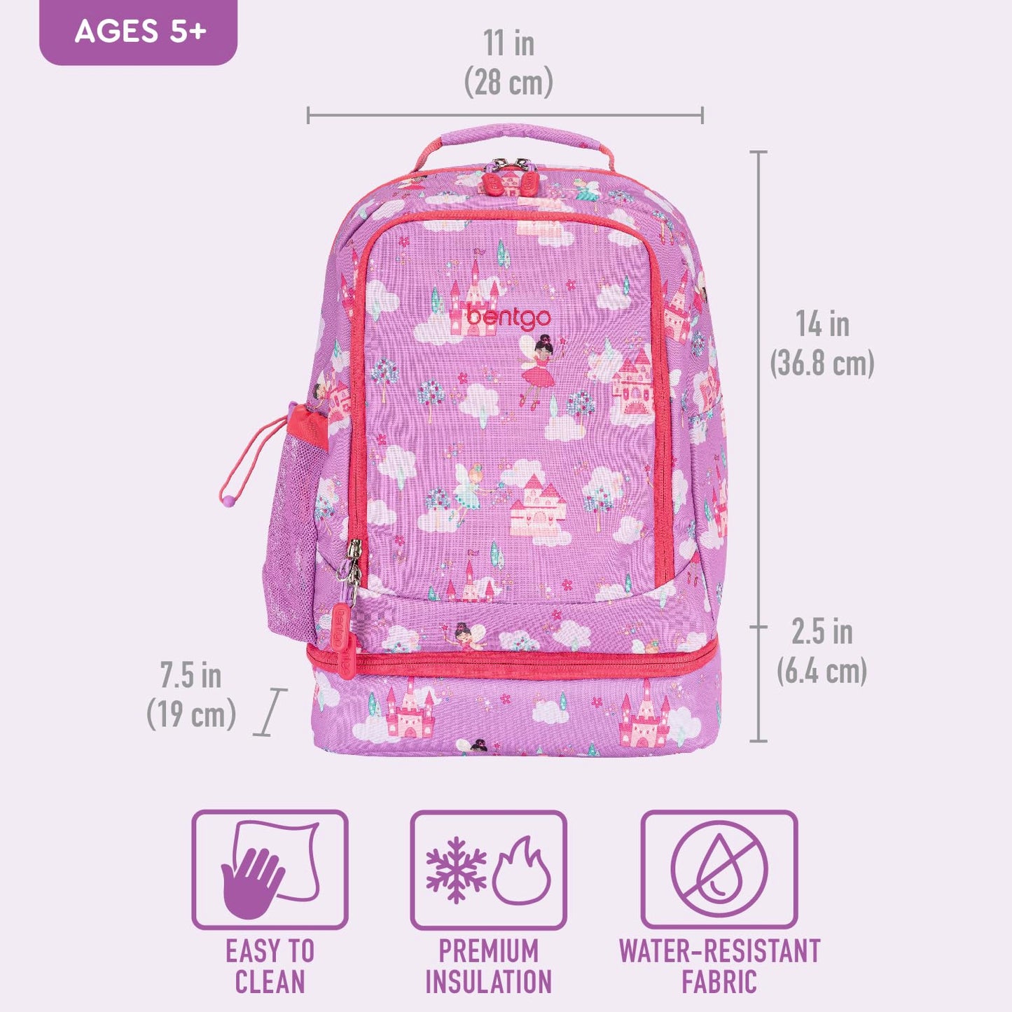 Bentgo Kids 2-in-1 Backpack & Insulated Lunch Bag - Durable 16” Backpack & Lunch Container in Unique Prints for School & Travel - Water Resistant, Padded & Large Compartments (Fairies)