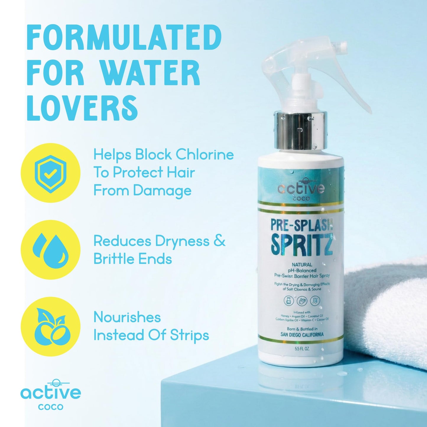 Active COCO Pre Swim Hair Protection Spray - Chlorine, Salt Water & Sauna Defense for Swimmers - Coconut Oil, Jojoba & Aloe Leave-In Conditioner Beauty and Personal Care Active COCO
