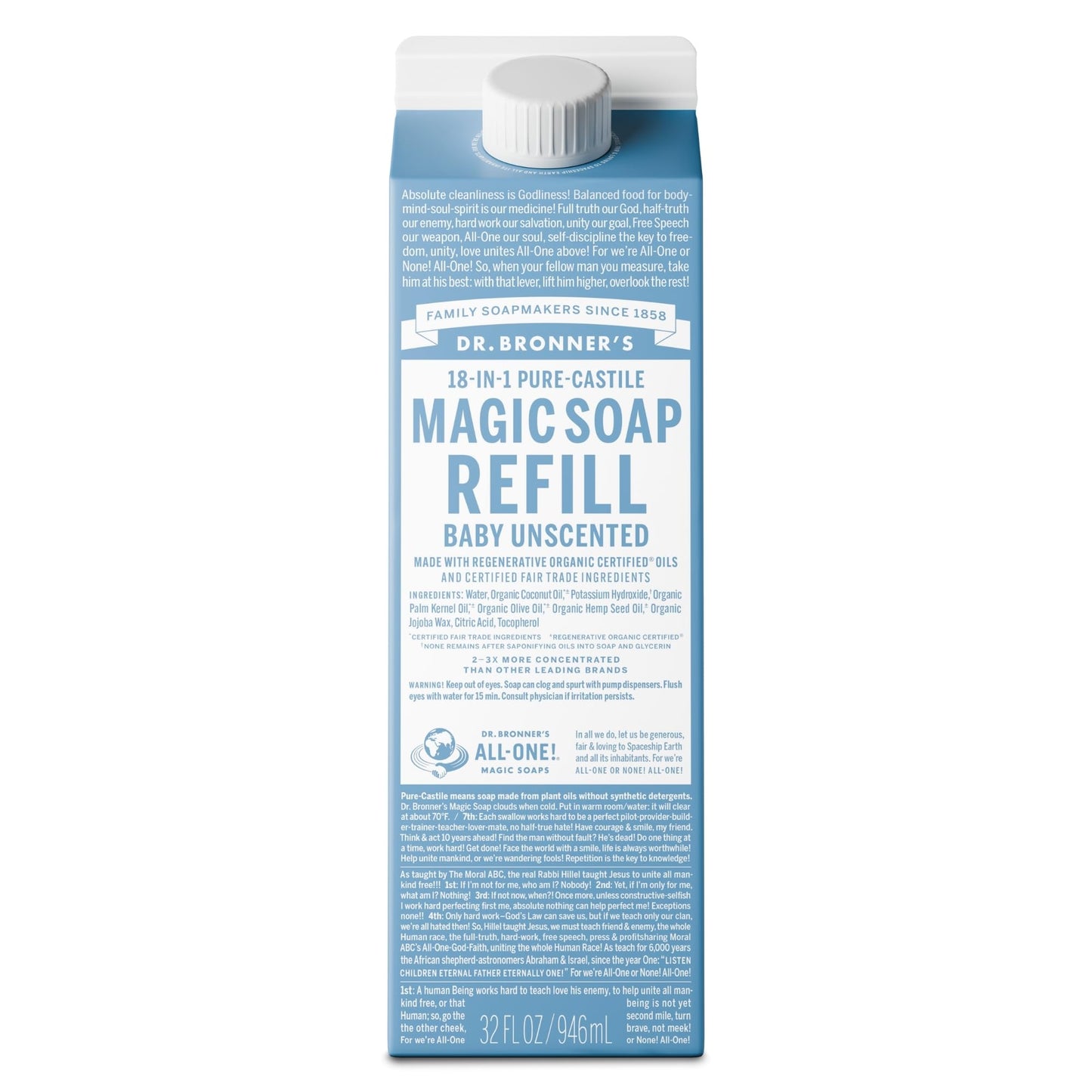 Dr. Bronner's Pure-Castile Liquid Soap Refill - Made with Regenerative Organic Certified Oils, 86% Less Plastic - 18-in-1 Uses, For Face, Body Wash