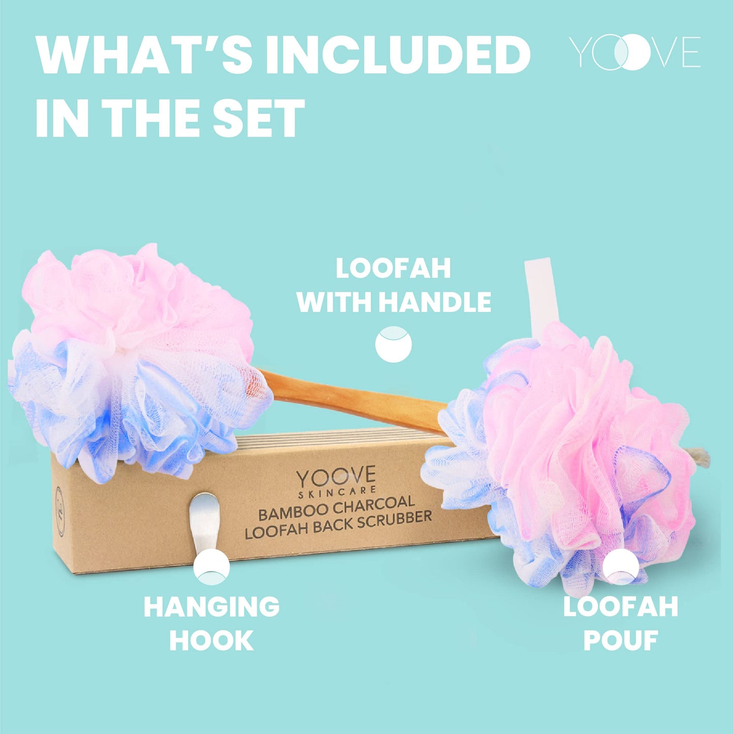 Yoove Loofah Back Scrubber w/Bamboo Charcoal Fiber Infused Bath Sponge, Wooden Handle, Luffa Pouf, Sponge Stick & Hanging Hook for Men & Women, Pink