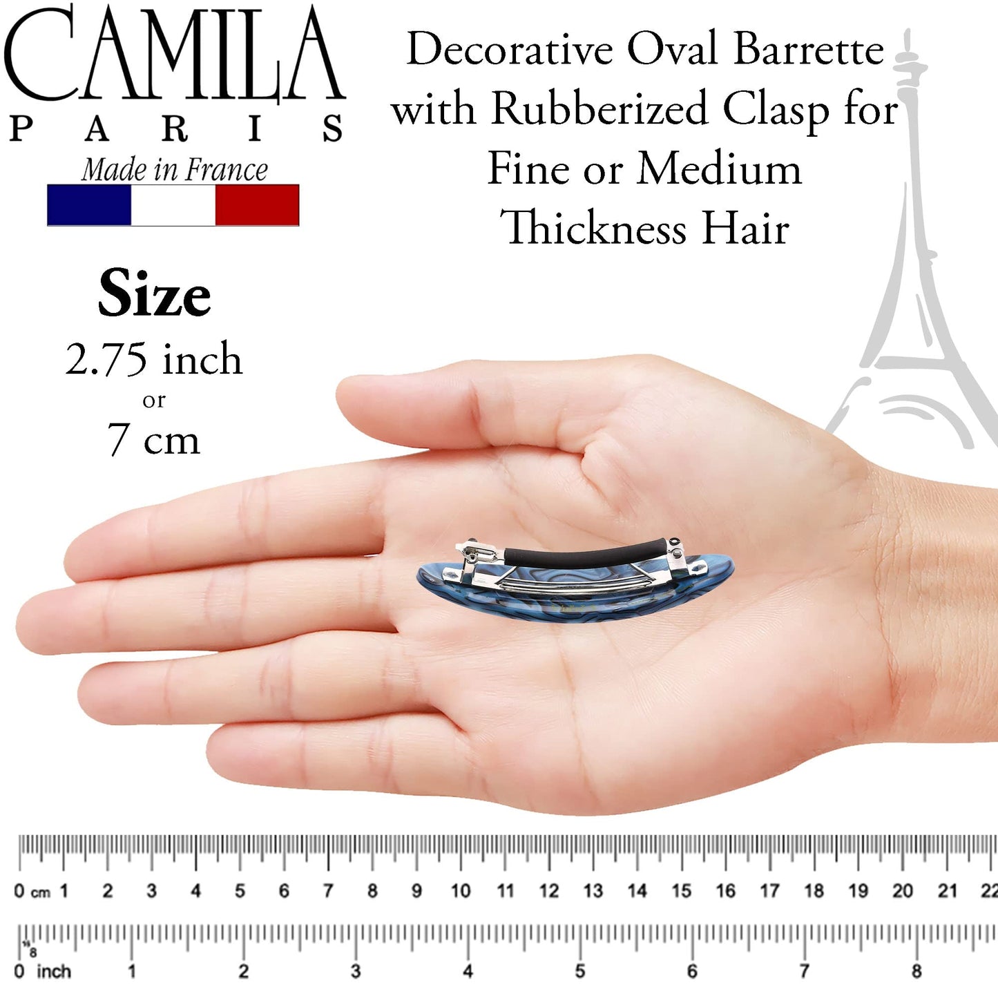Camila Paris CP2984 French Hair Barrette Clip Handmade Oval Blue, Strong Hold Grip Hair Clips for Women, No Slip Rubberized Metal Closure, Durable
