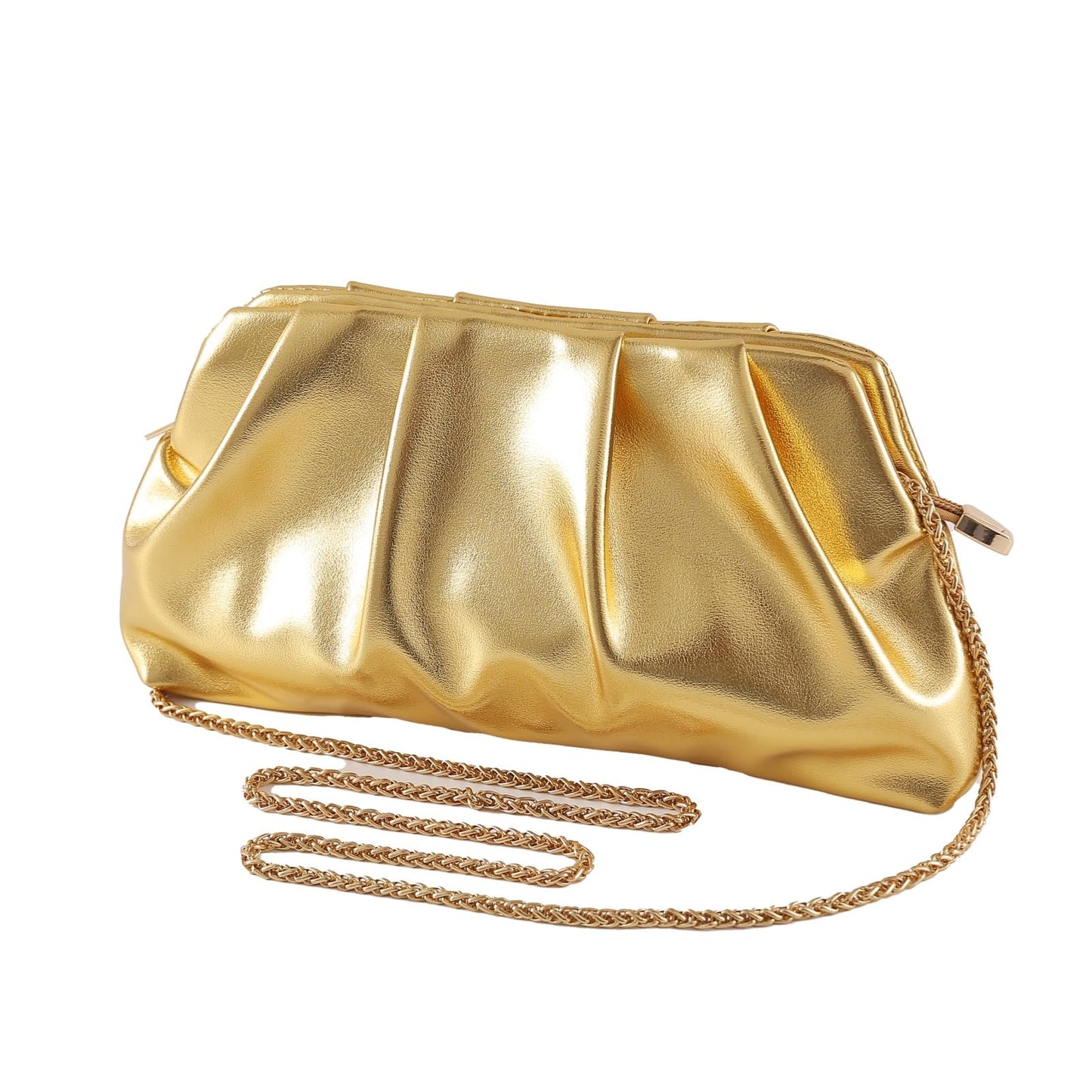 Evening Bag for Women Ruched Clutch Purse Detachable Metal Chain Crossbody Bag(gold)