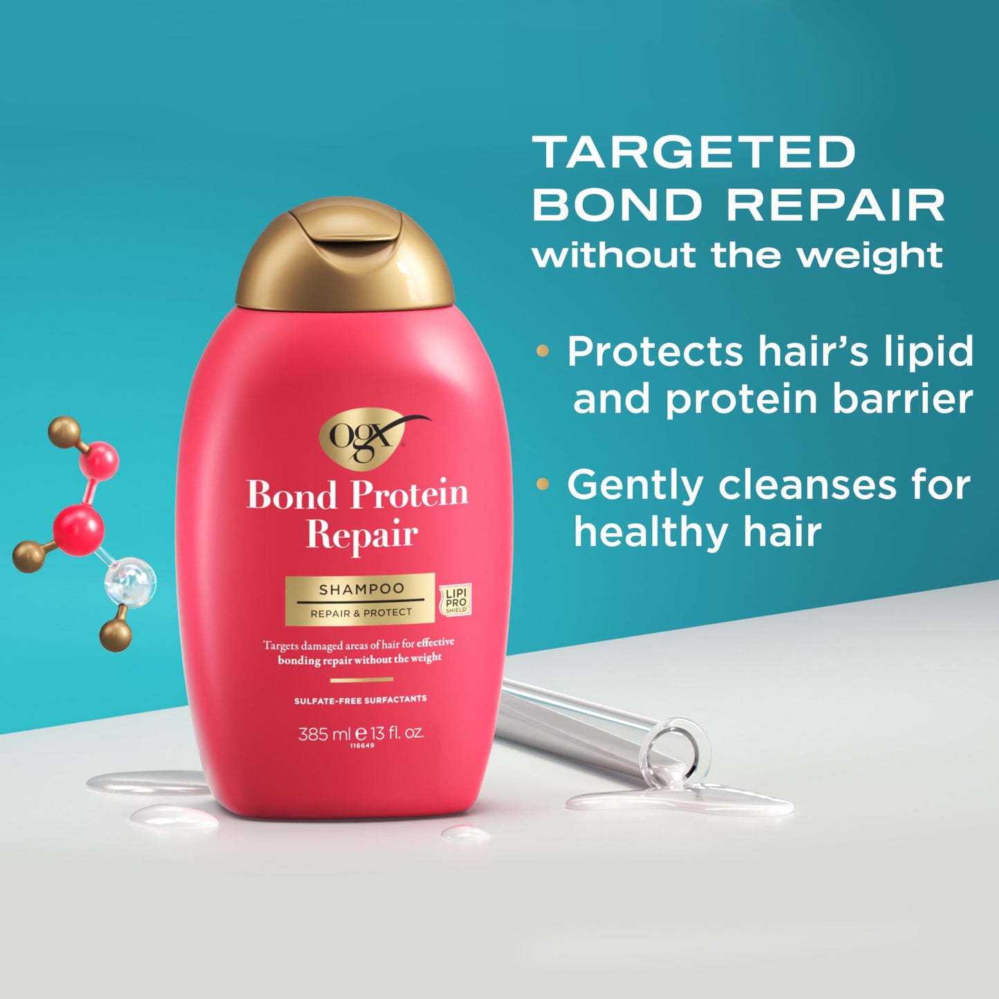 OGX Repair & Protect Bond Protein Repair Haircare Set, Lightweight Shampoo & Conditioner for Damaged Hair, 450°F Heat Protect Spray for weightless