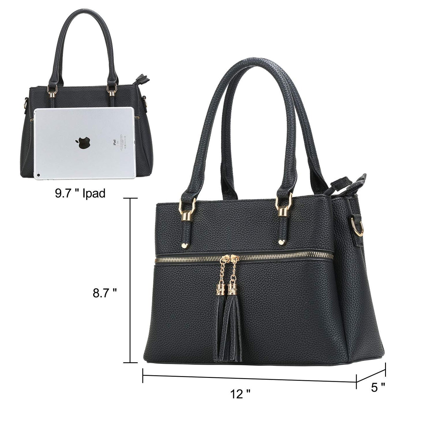 KKXIU 3 Zippered Compartments Purses and Handbags for Women Vegan Leather Ladies Multi Pocket Satchel Bags (D-black)