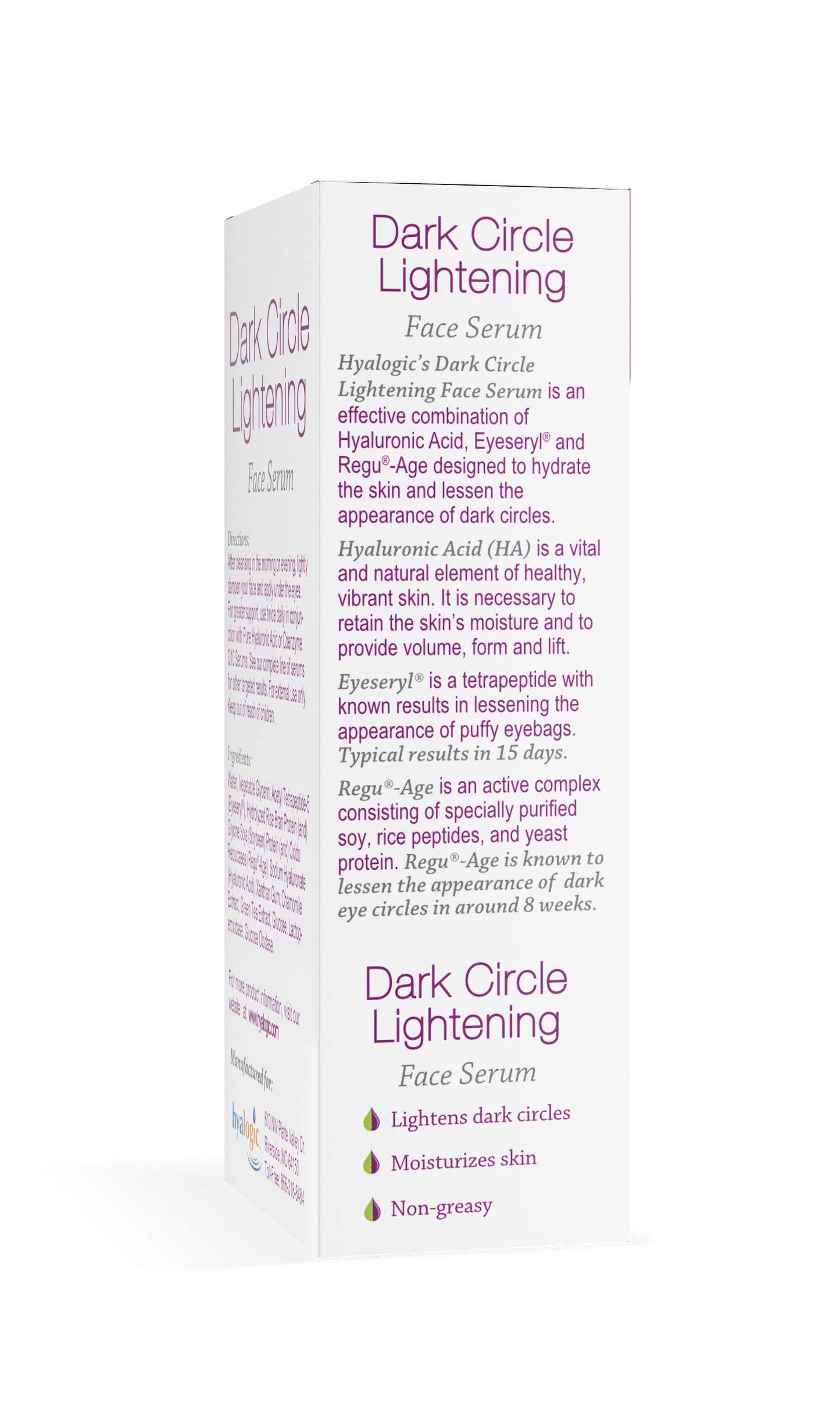 Hyalogic Dark Circle Lightening Face Serum - Treat Under Eye Dark Circles w/Hyaluronic Acid, Eveseryl & Regu-Age - Soothe, Nourish & Rejuvenate Skin