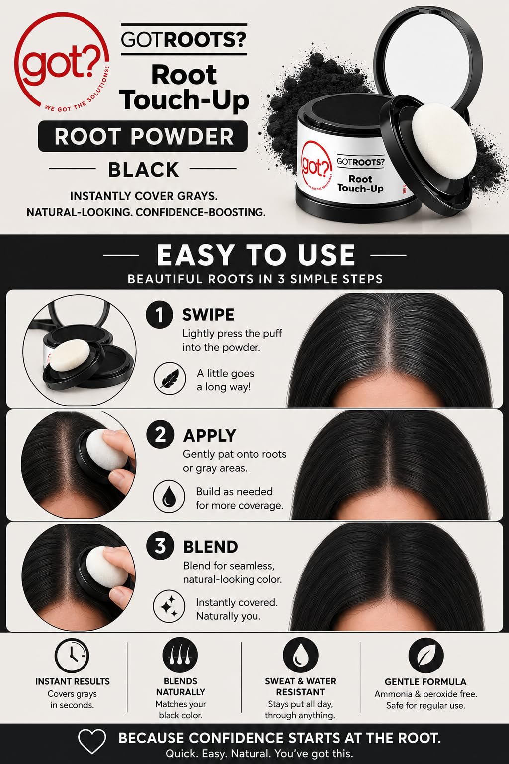 Black Root Cover Up Powder - Instant Gray Root Touch Up & Hairline Powder for Black Hair - Works on Thinning Spots & Eyebrows - 0.14 Oz