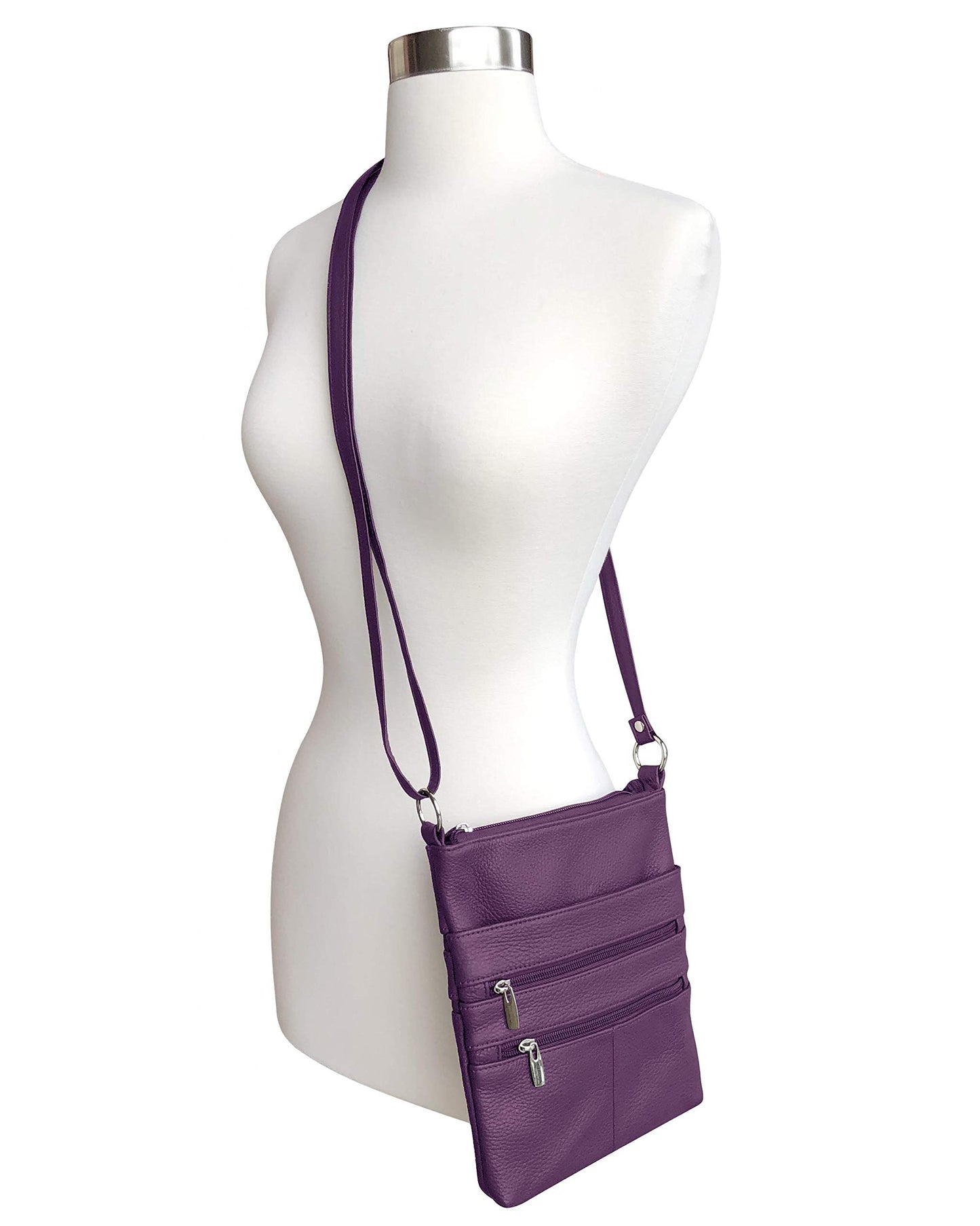 Roma Leathers Mini Body Purse - Multi Pocket Double Zipper Cross Body Handbag - Premium Purple Leather - Adjustable Shoulder Strap - Convenient…