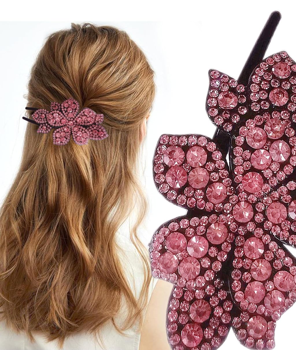 5 Pcs double flower decorative jeweled rhinestone hair clip pretty fancy floral thick crystal hair clips for women beautiful fashion designer asian