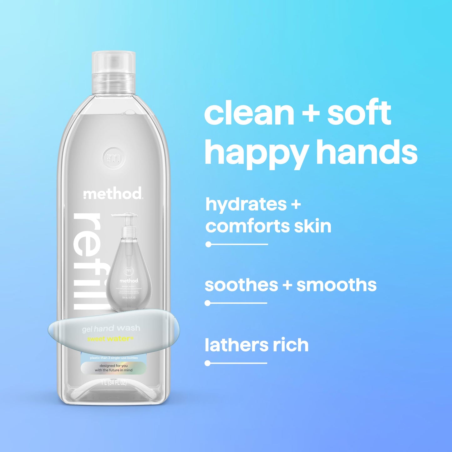Method Gel Hand Wash Refill, Sweet Water - Refills Up to 3X, Made without Parabens, Dewy Lemon Leaf, Grapefruit & Star Jasmine Notes, 34 fl oz, 4 pack Beauty and Personal Care Method