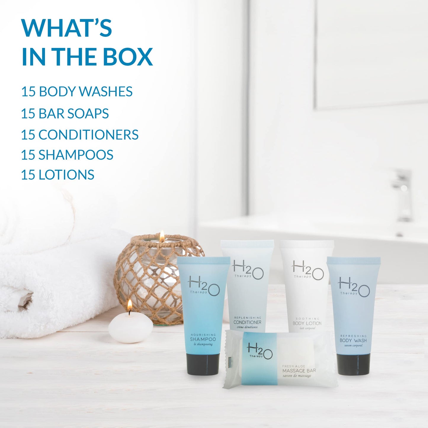 H2O Therapy Hotel Soaps & Toiletries Bulk Set | 1-Shoppe Amenities Kit | 0.85oz Shampoo & Conditioner, Body Wash, Lotion, 1oz Bar Soap | Travel Size |