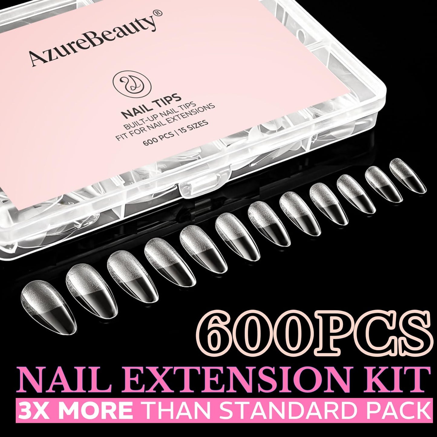 Medium Almond Nail Tips 600pcs 15 Size, Pre Etched Soft Gel Nail Tips Acrylic Fake Nails Half Matte Full Cover Clear Press On False Nail Extensions Beauty and Personal Care AZUREBEAUTY