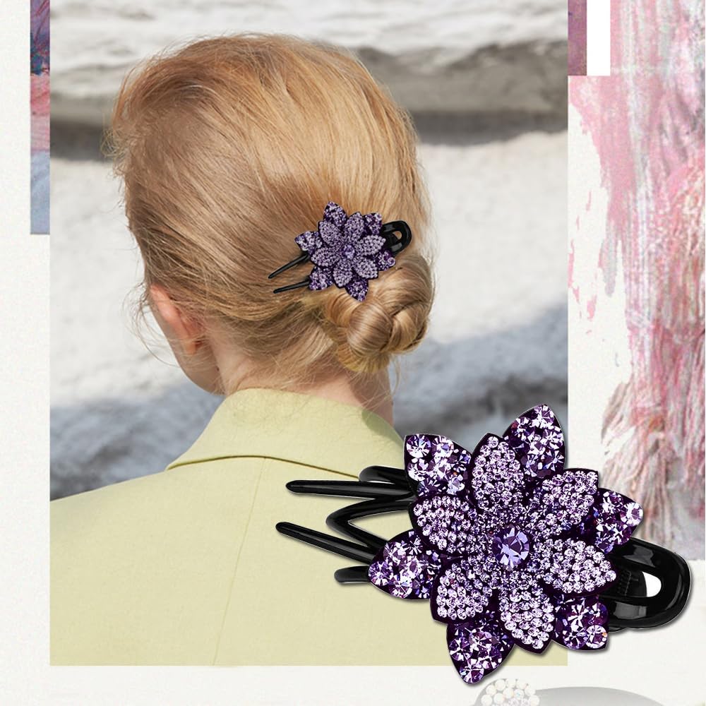 6 Pack Rhinestone Double Flower Hair Clip for Women Girls, Crystal Duckbill Clip Hairpin with Teeth Non-Slip Women Elegant Hair Dovetail Clips