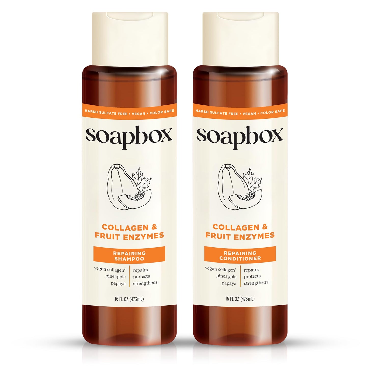 Soapbox Collagen & Fruit Enzymes Shampoo & Conditioner Set, Protects, Repairs & Strengthens Hair - Clean Ingredients Free of Harsh Chemicals