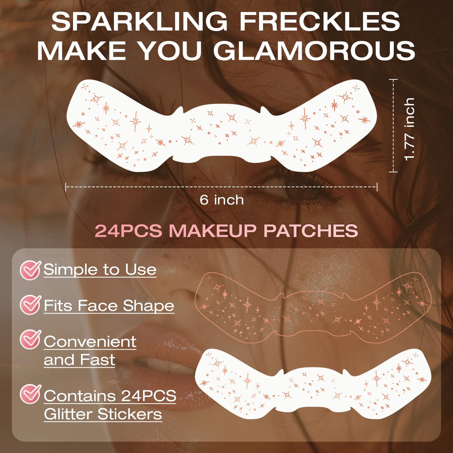 Leterly 24 Pcs Glitter Freckles Face Tattoo,Rose Gold Face Glitter Makeup Patches Cute Sparkle Freckles Patches Waterproof Makeup Speckles for Face