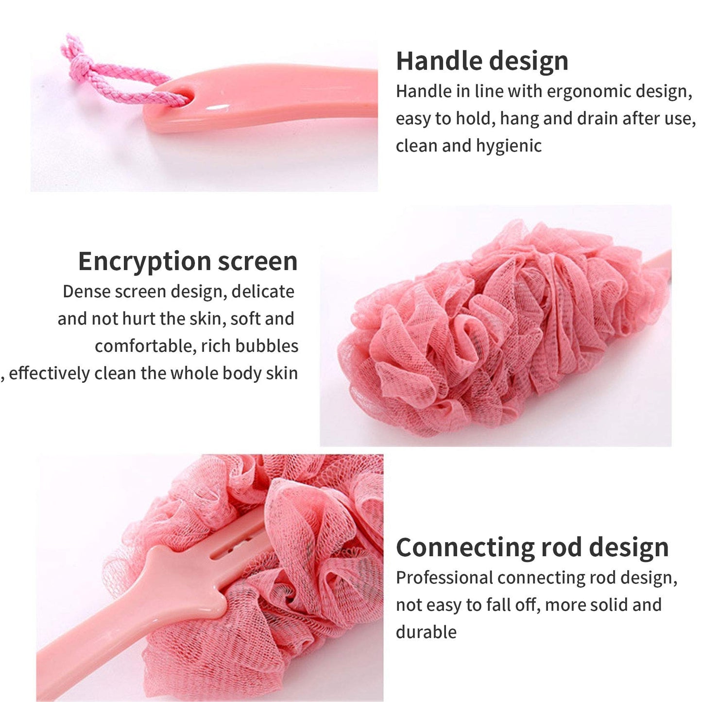Nutteri 3 Pack Back Scrubber Long Handled Bath Brush Soft Mesh Sponge Exfoliating Body Scrub Back Cleaner Loofah Bathroom Shower Accessories for Women