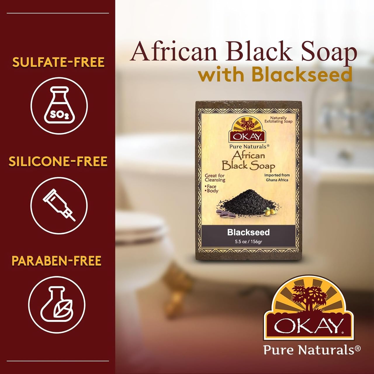 Okay | African Black Soap with Blackseed | For All Skin Types | Cleanses and Exfoliates | Nourishes and Heals | Free of Sulfate, Silicone & Paraben | Beauty & Personal Care OKAY