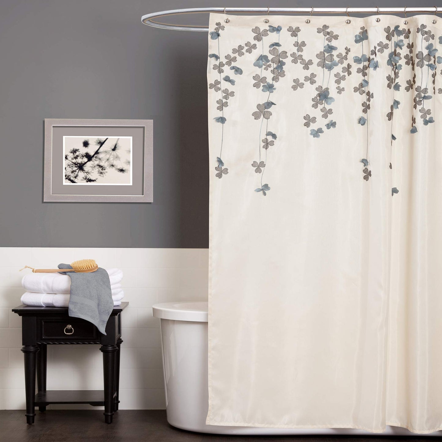 Lush Decor Flower Drops Shower Curtain Single 72" W x 72" L Ivory & Blue - Fabric Shower Curtains for Bathroom - Floral Bathroom Curtain -Bathroom…