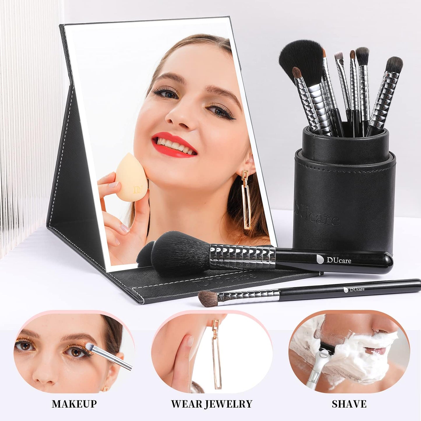 DUcare Folding Mirror Portable Travel PU Portable Adjustable Rectangular Ultrathin Vanity Mirror with Stand Black
