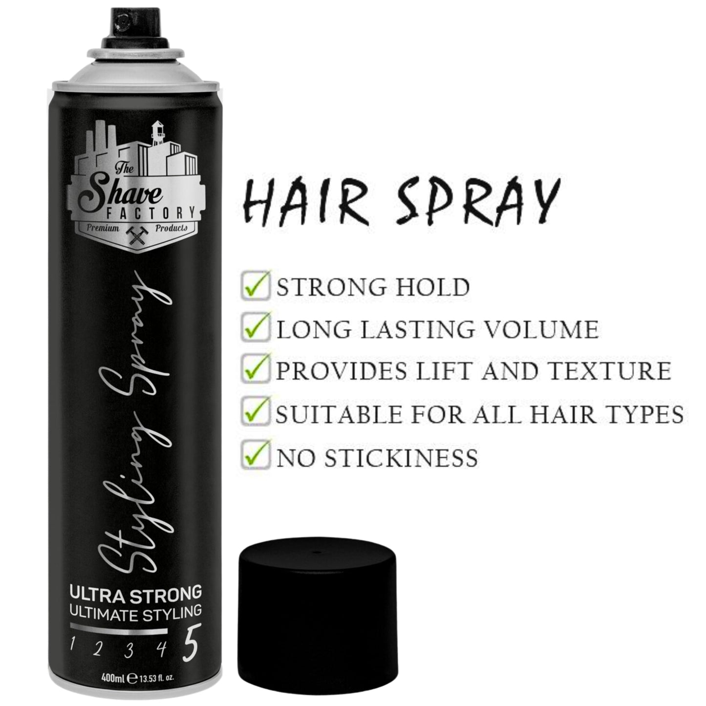the shave factory Ultra Strong Styling Spray: Long-lasting Hold, Perfect Control and Impeccable Style 400ml 13.52 fl oz. (Regular)