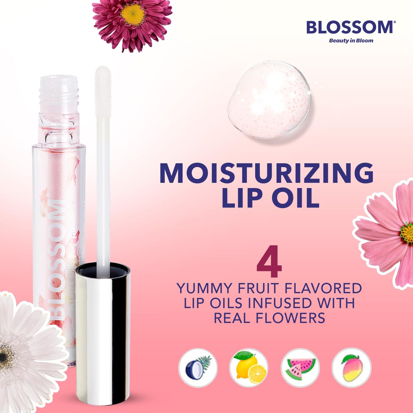 Blossom Lip Gloss & Lip Oil with Olive Oil + Grape Seed Oil, Moisturizing and Hydrating Shimmer Sparkle, Infused with Real Flowers, 3g, Watermelon