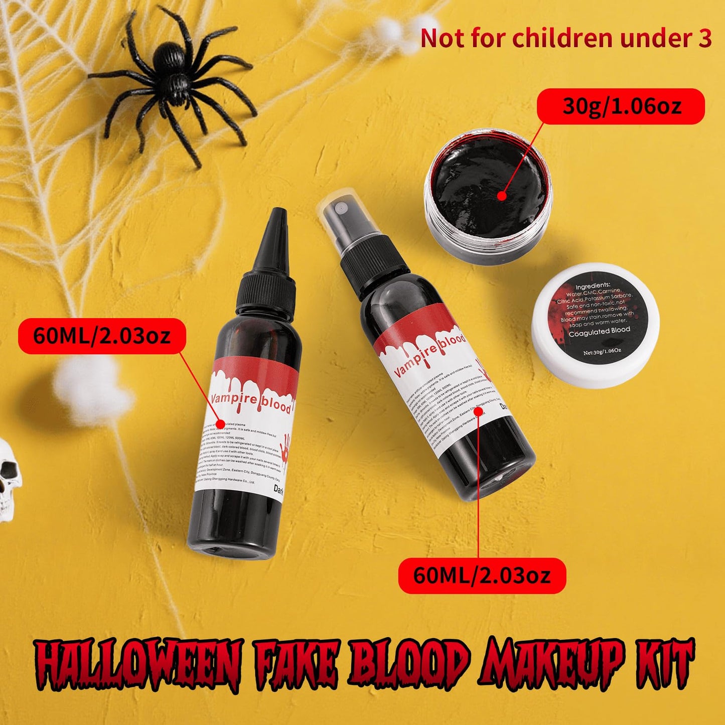 Vampire Blood Fake Blood Kit - Coagulated Gel, Spray & Dripping Liquid for Realistic Vampire Zombie SFX Makeup, Skin-Safe Washable Special Effects