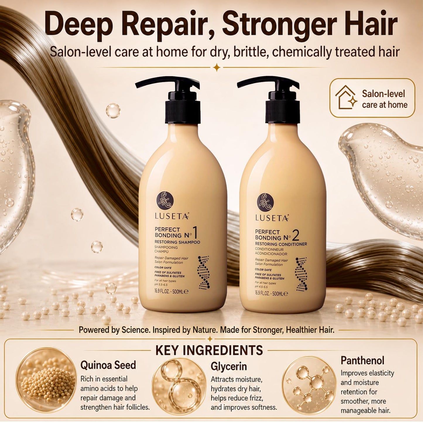 LUSETA Bond Repair & Revitalizing Shampoo and Conditioner Set for Chemically Damaged Hair. Deep Moisture to Smooth Frizz & Add Shine. Strengthens Hair