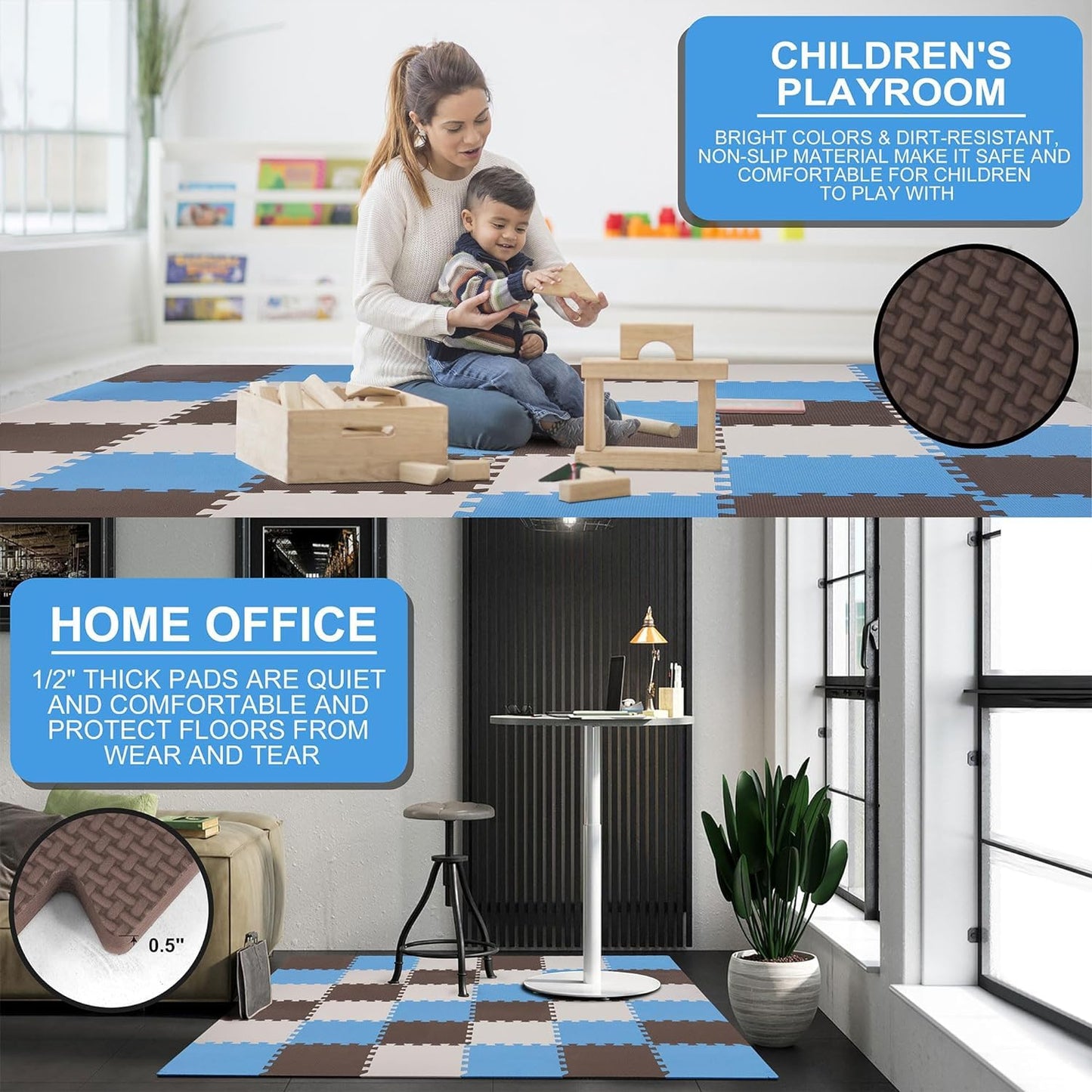 BalanceFrom Puzzle Play Mat – 36 Interlocking Foam Floor Tiles, Blue/Brown/Beige, Soft Playroom Flooring for Indoor & Outdoor Playpen