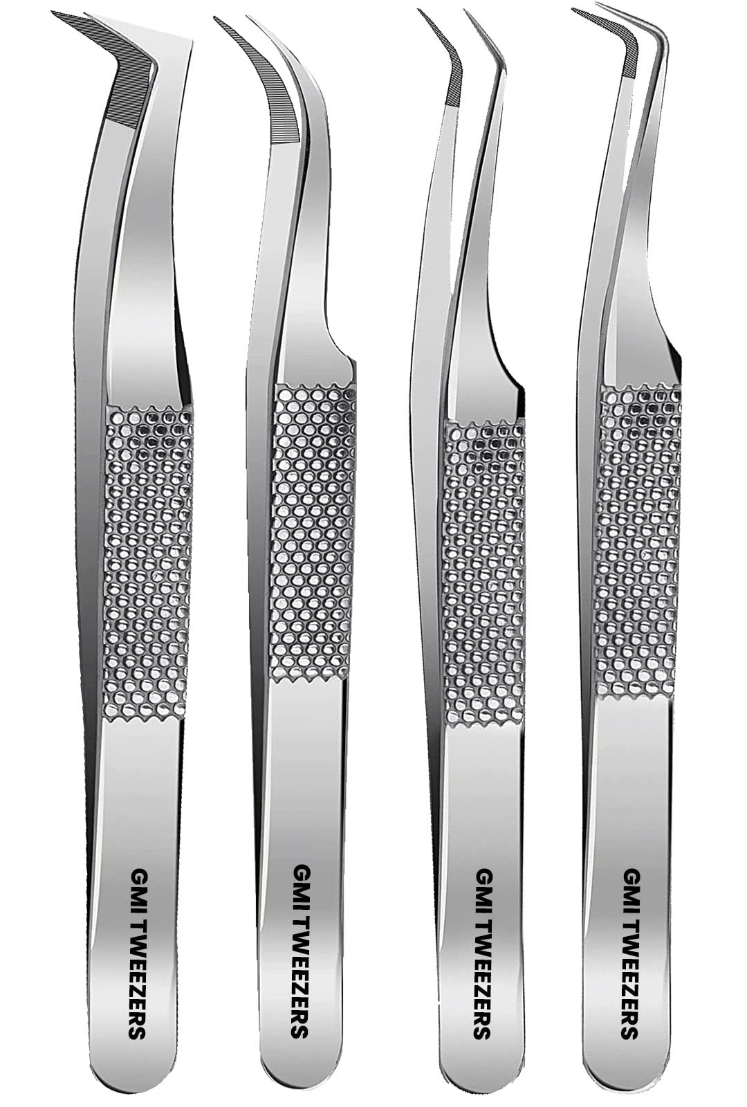 GMI Lash Tweezers - Pack of 4 Stainless Steel Fiber Tip Eyelash Extension Tweezers