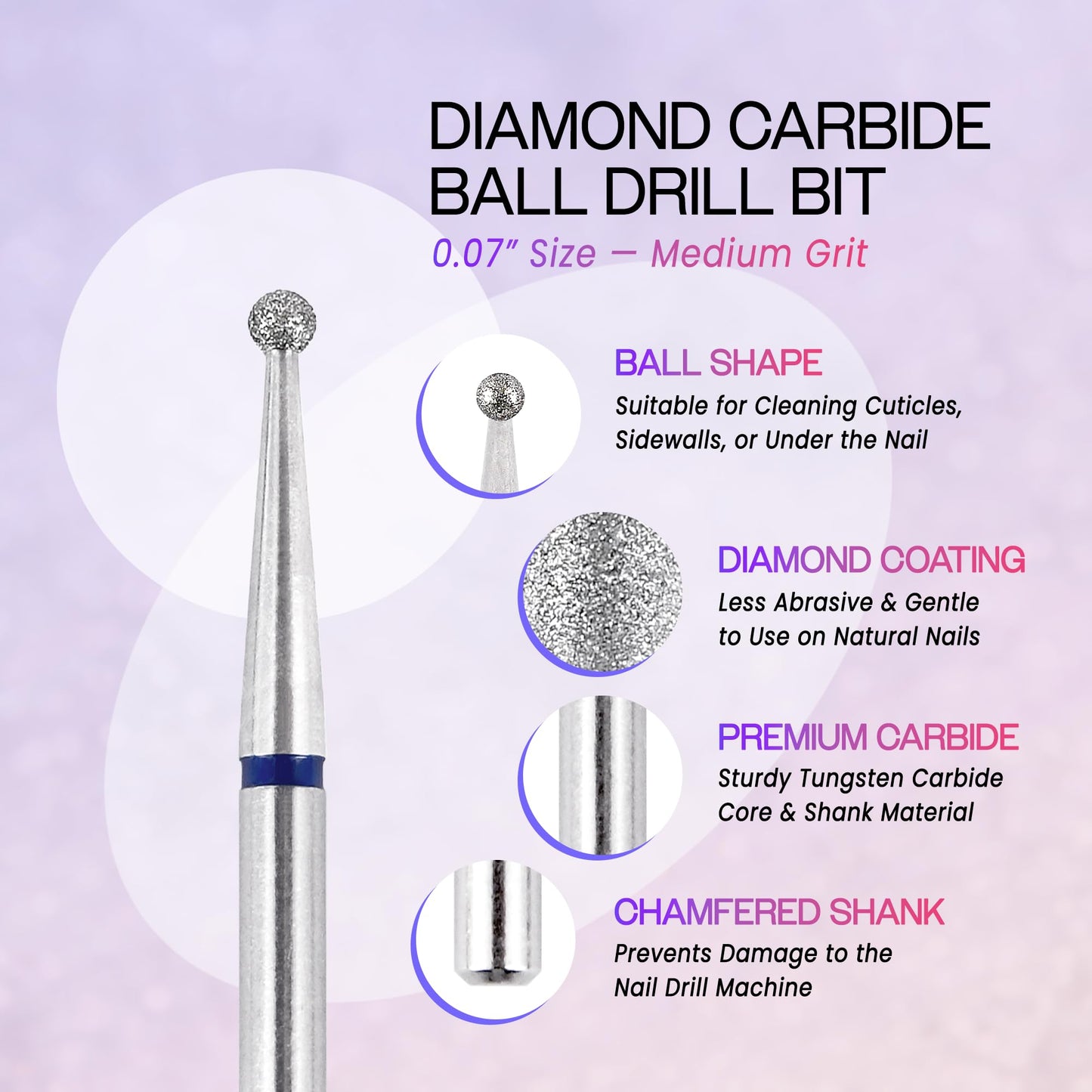 PANA 3/32" Diamond Carbide Ball Bit- Style 01, Medium Grit - Professional Cuticle Nail Drill Bits for Acrylic Gel Nails Dry Manicure Pedicure Shape