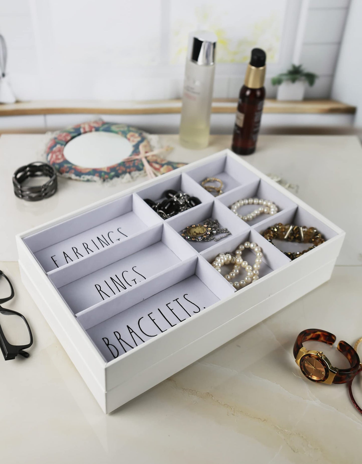 Rae Dunn Jewelry Tray - Jewelry Drawer Organizer - Set of 2 Stackable Jewelry Organizer Trays - Storage Box for Earring, Ring, Bracelet, Necklace…
