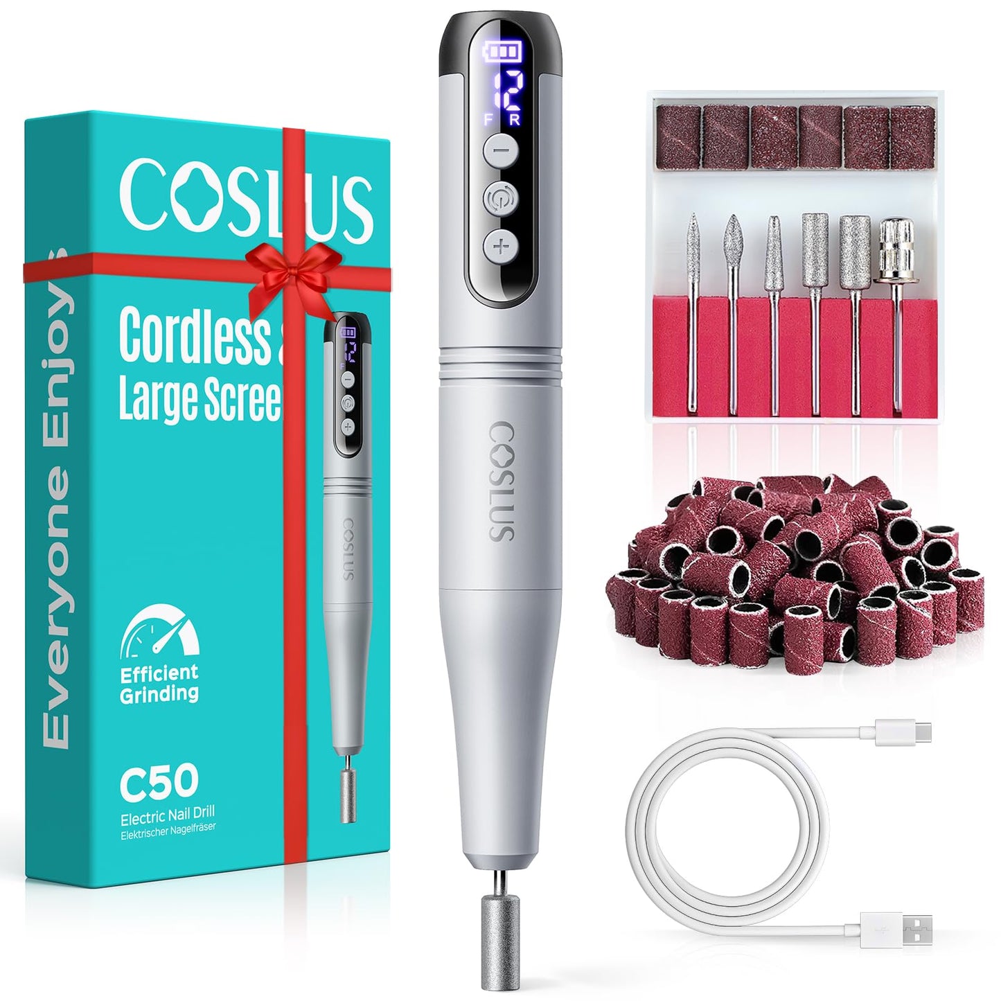 COSLUS C50 Cordless Electric Nail Drill : 12-Speed Professional Nail File with LED Display for All Manicure Shaping & Gel Removal, Nail Art Practice Beauty and Personal Care COSLUS Default Title