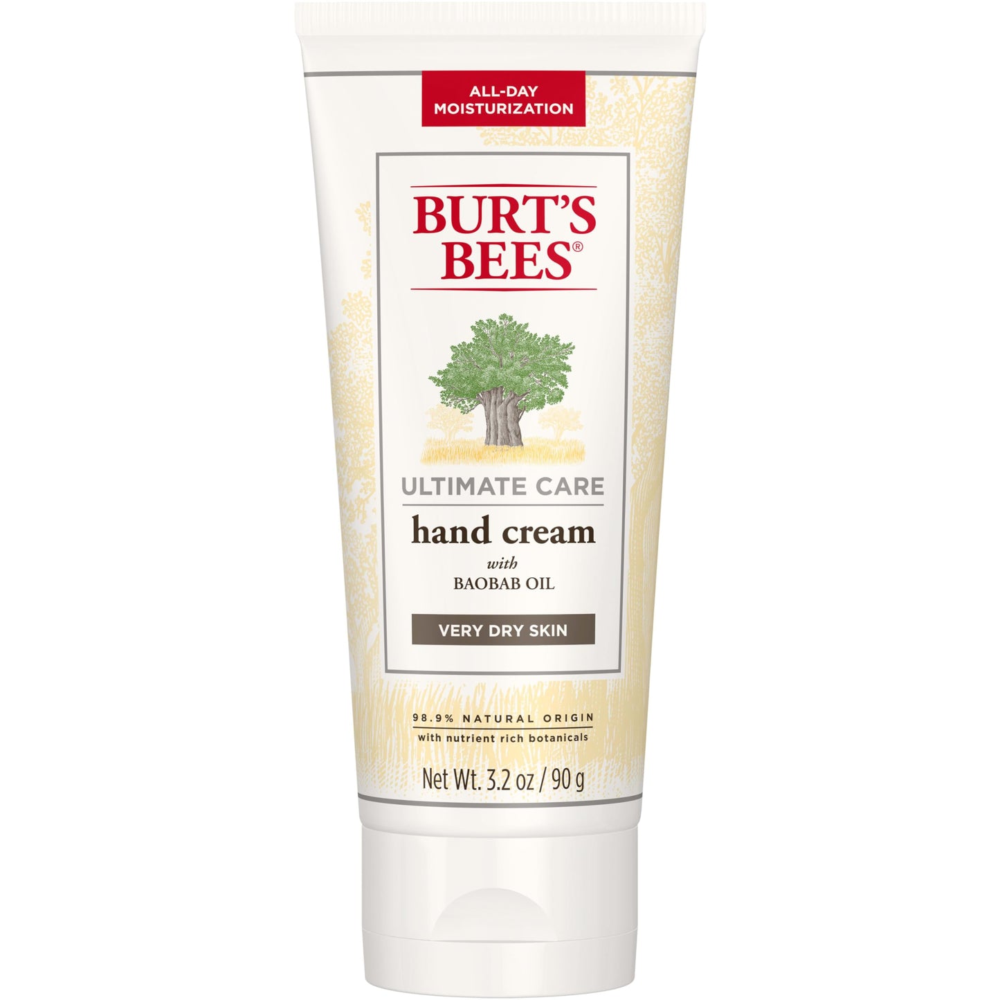 Burt's Bees Hand Cream for Dry Skin, Unscented Natural Lotion with Baobab Oil, Ultimate Care Moisturizer, 3.2 oz