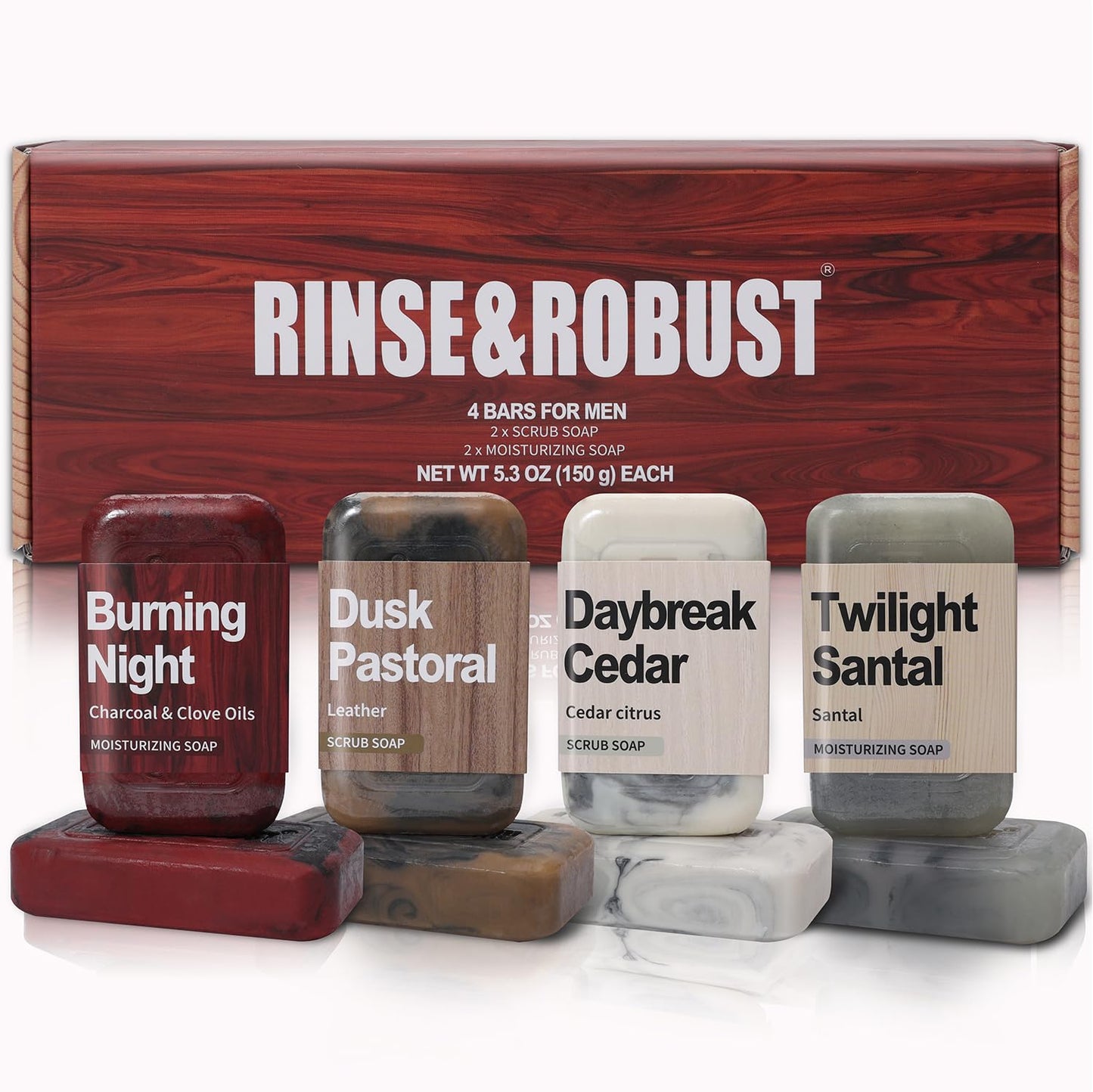 Rinse & Robust Bar Soap for Men - 4Pcs Exfoliating & Moisturizing 4-in-1 Cleansing Bar Set for Face, Body, Hands & Shave | All Skin Types | Luxury