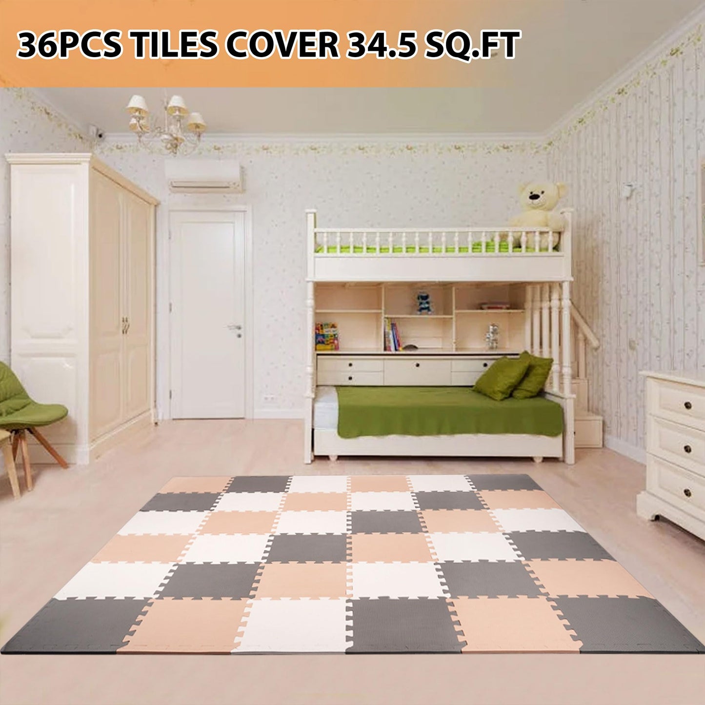 BalanceFrom Puzzle Play Mat – 36 Interlocking Foam Floor Tiles, Cream/Gray/Beige, Soft Playroom Flooring for Indoor & Outdoor Playpen