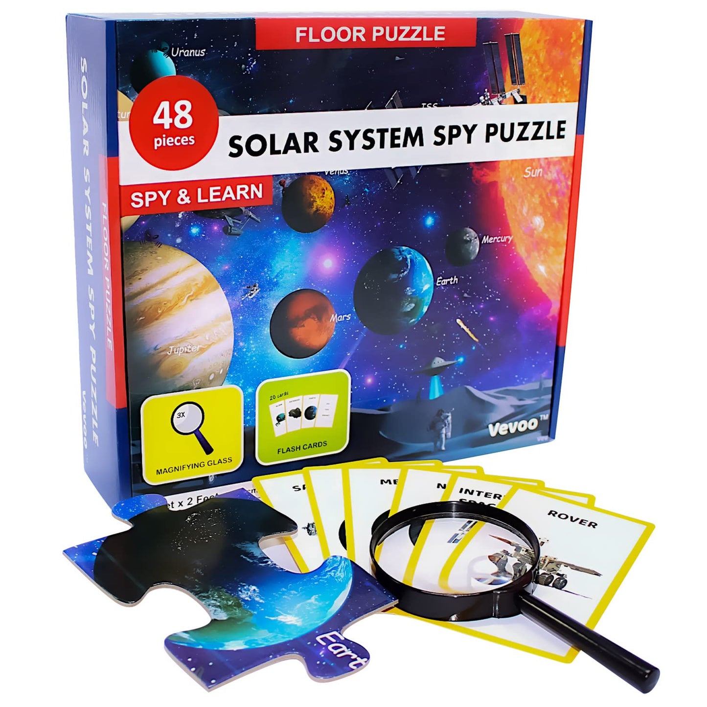 Solar System Spy Puzzle – 48 Piece Space Floor Puzzle with Flashcards & Magnifying Glass, 2ft x 3ft Educational Puzzle for Kids Ages 4-8